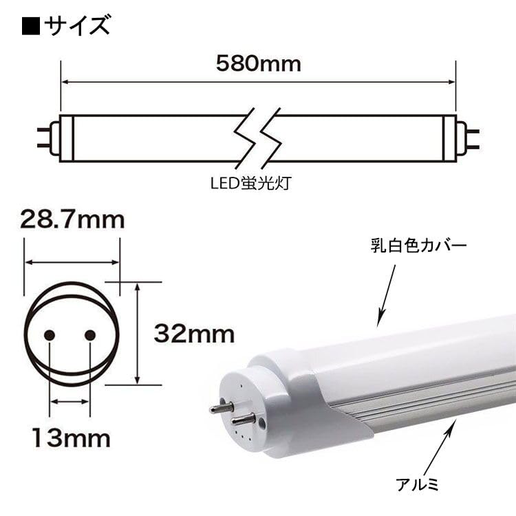 LED Fluorescent Tube, 20W Equivalent, Straight Tube, 10W High Brightness, 58cm Length, 1100LM, 580mm Diameter, Daylight White, No Glow-Type