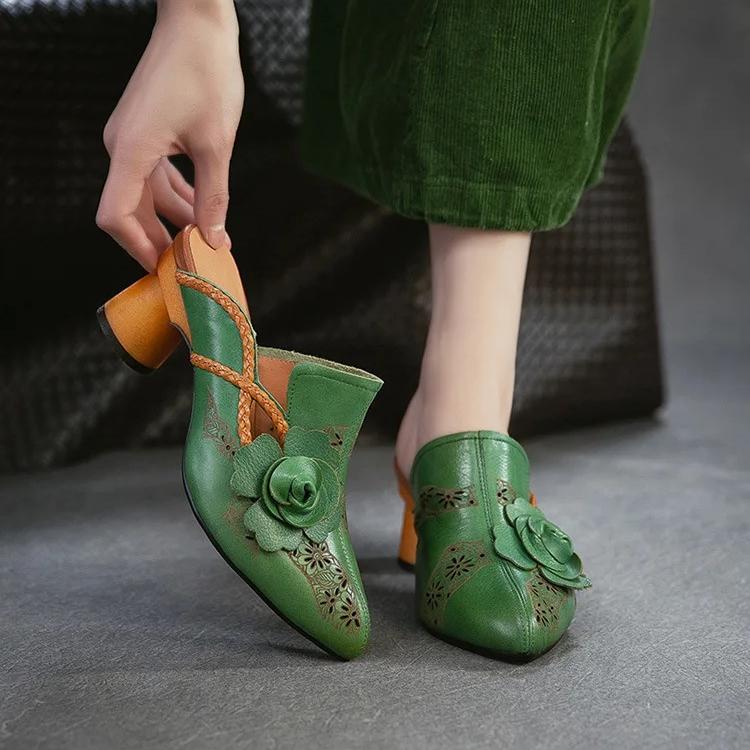 Johnature Vintage Genuine Leather Handmade Flower High Heel Slippers Pointed Toe Women's Shoes