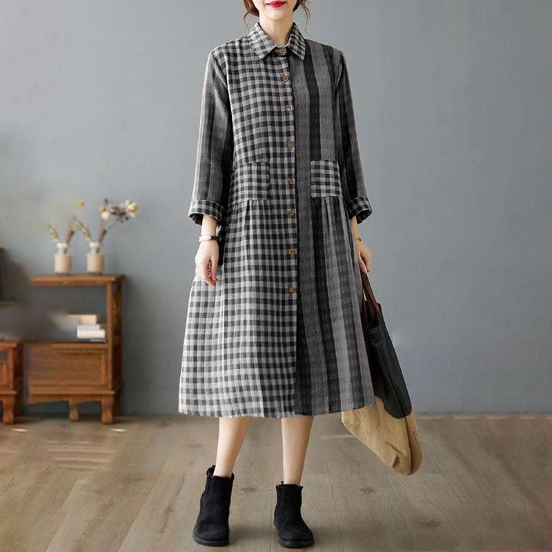 ZANZEA Rochie casual largă cu mâneci 3/4 și guler turn-down cu imprimeu carouri pentru femei