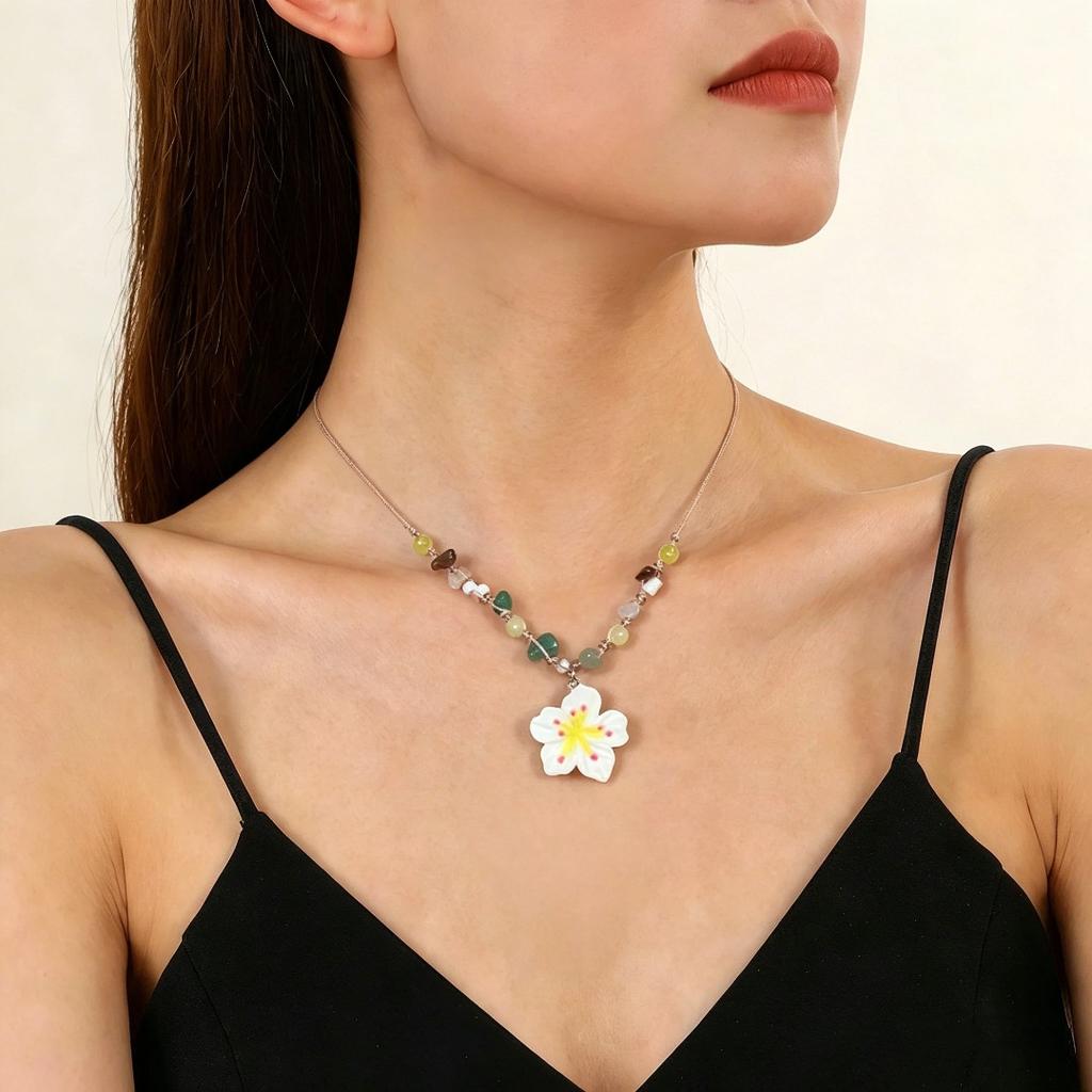 Cherry Blossom Pendant Necklace for Women Delicate Beaded Floral Necklace for Daily Wear and Gifting