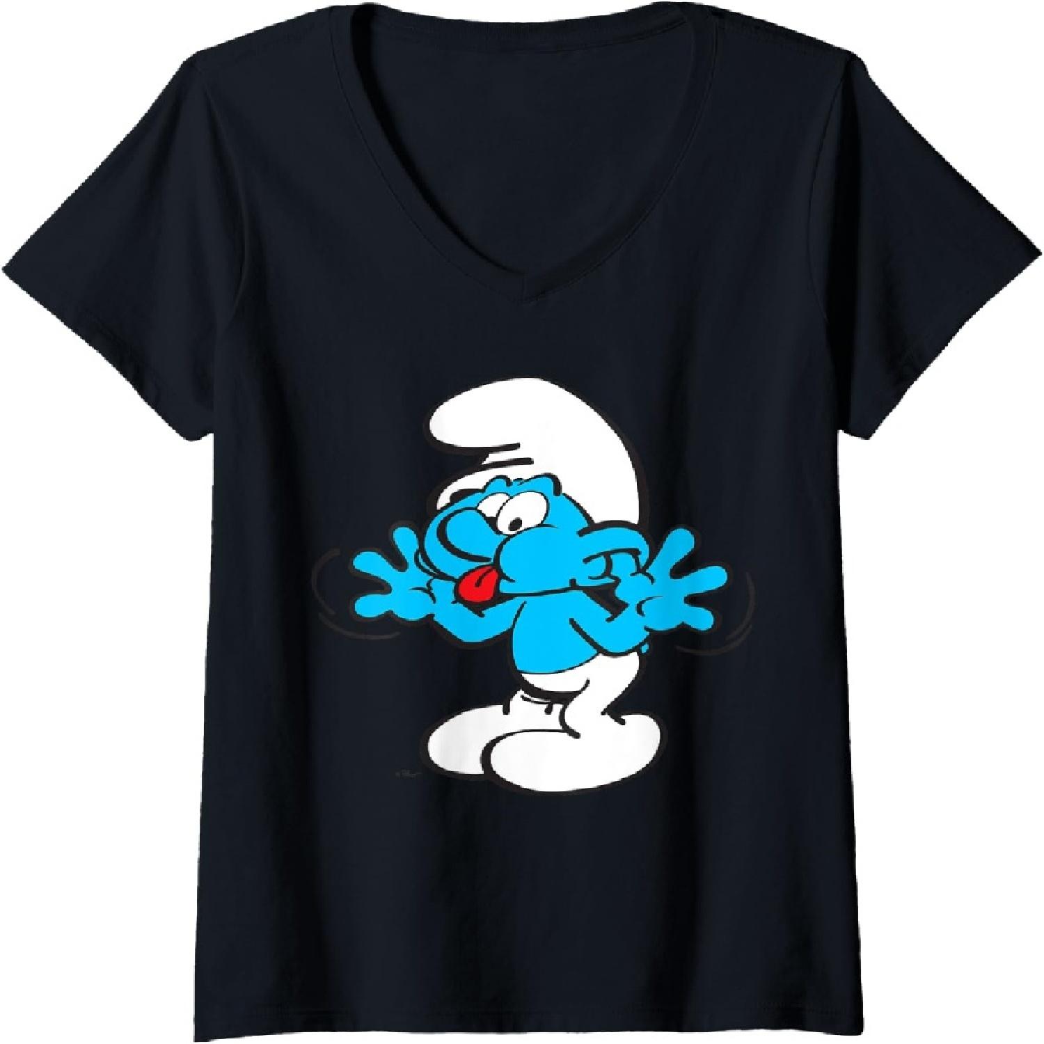 Женская футболка The Smurfs Джоки Смурф Язык Радостный Синий Комический Смурфетта с V-образным вырезом S