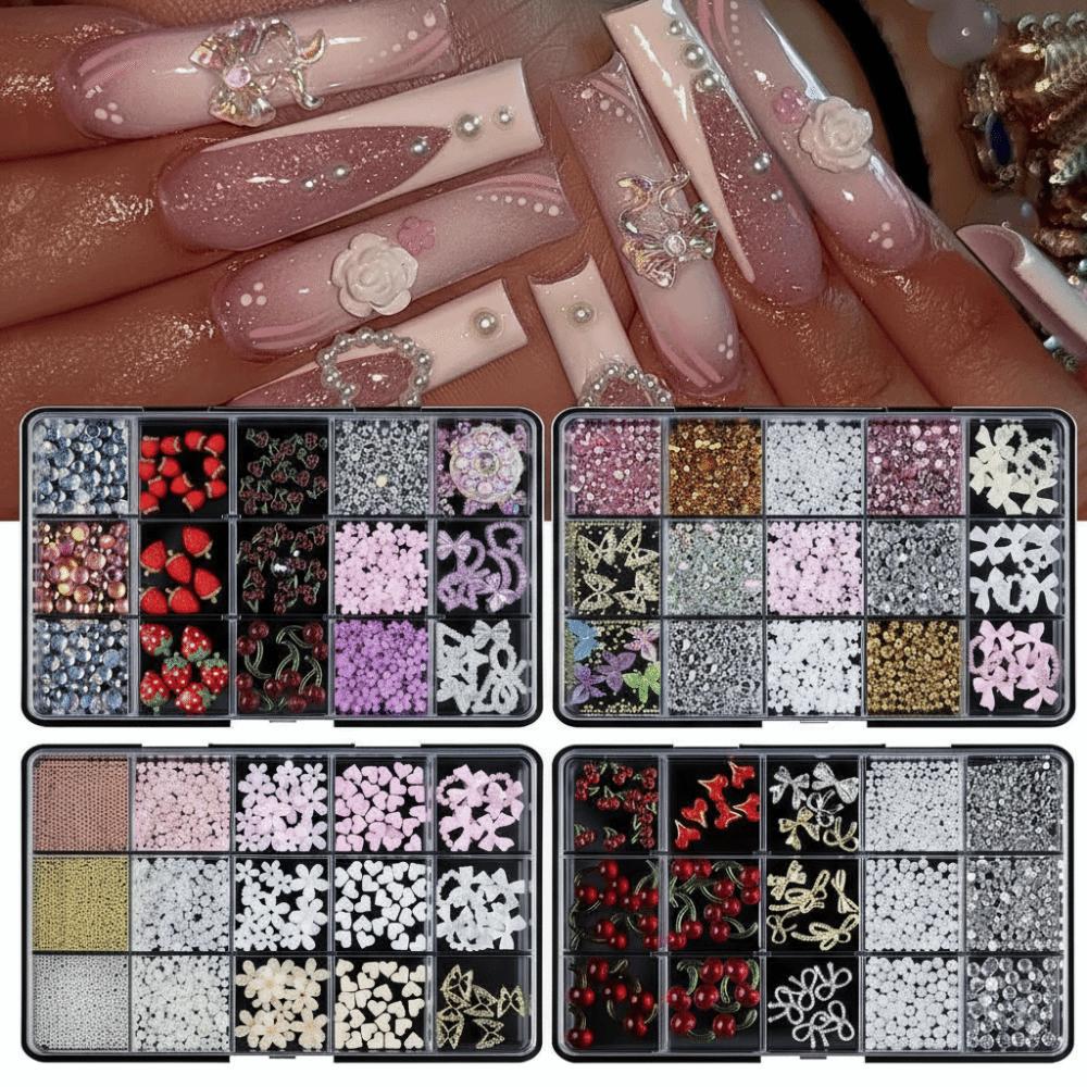 15Grids/Box Resin Nail Rhinestones Mixed Bowknot Pearl Heart Nail Art Decorations  DIY