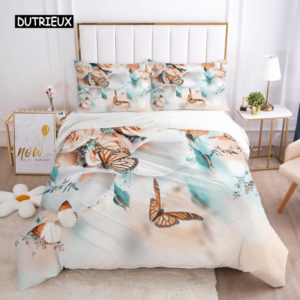 Schmetterlings-Bettbezug-Set, rosa Schmetterlinge, Rosen-Druck, Bettbezug-Set für Mädchen, Teenager, Frauen, Frühlings-Themen-Bettbezug