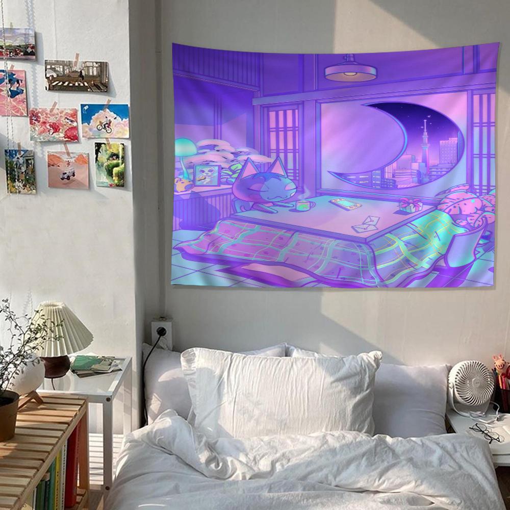 80S Vaporwave Style City Night Street Cat Cartoon Tapestry Wall Hanging Decoration Household Home Decor