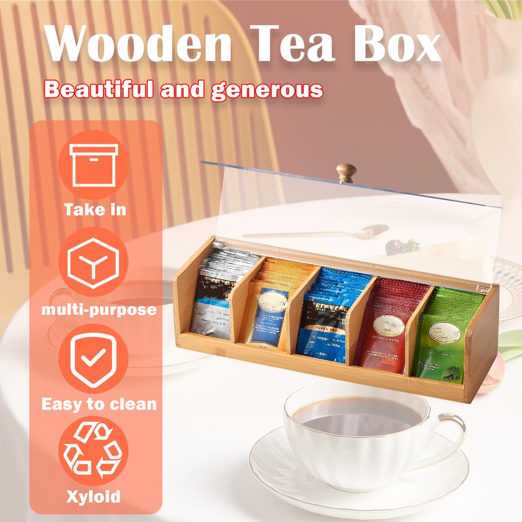 Bamboo Tea Bag Organizer Clear Sorting Tea Storage Box with 5 Compartment Easy to Access Coffee Bag Holder Dust Proof for Home
