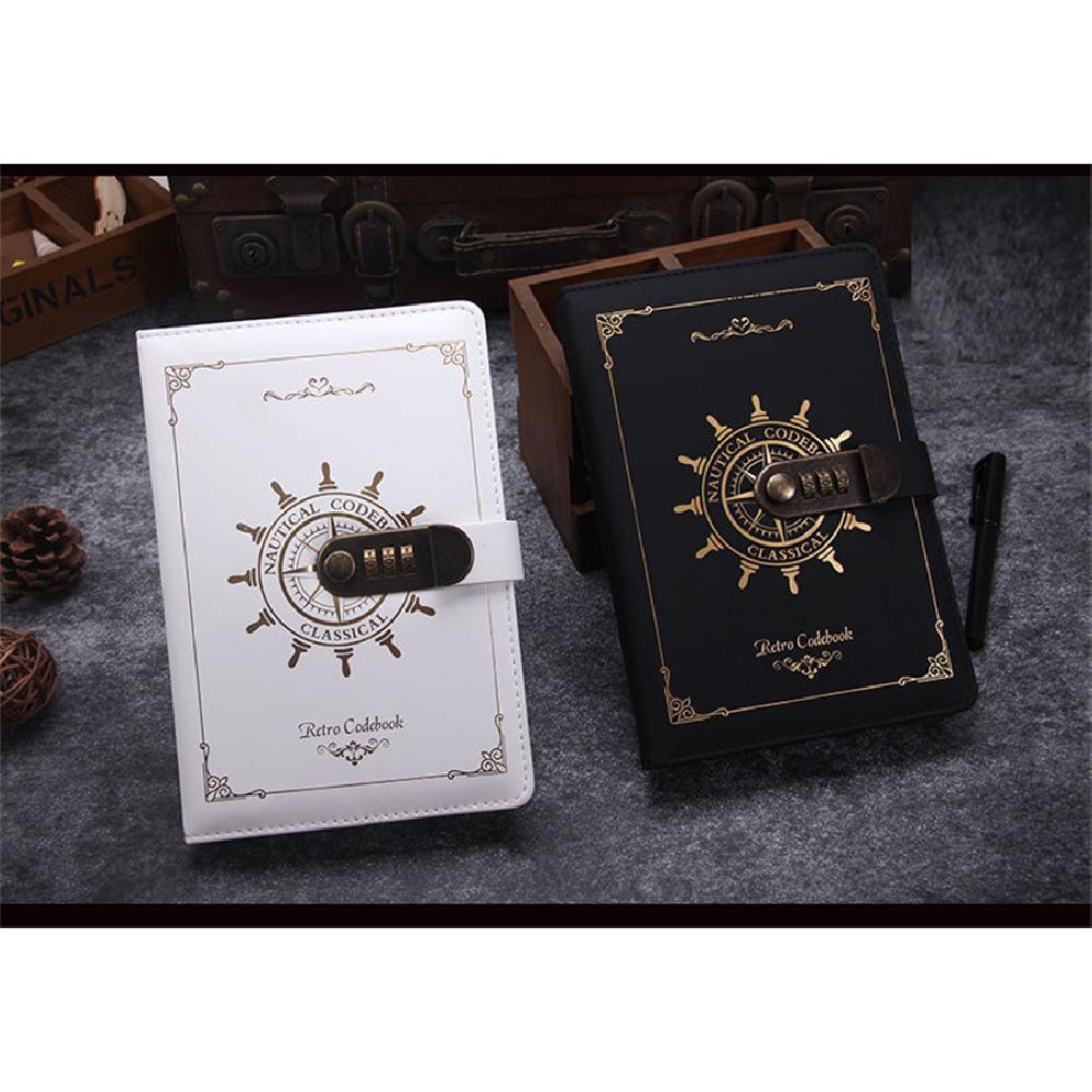 Black Pu Leather+Paper Notebook With Code Lock 215X145Mm Retro Diary Note Book