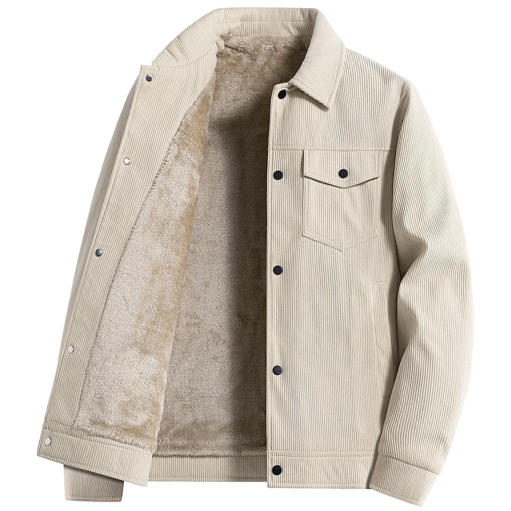 Striped Winter Fleece Man Jacket Vitage Thicken Turn Down Collar Male Coat Single-breasted Long Sleeve Men Outerwear