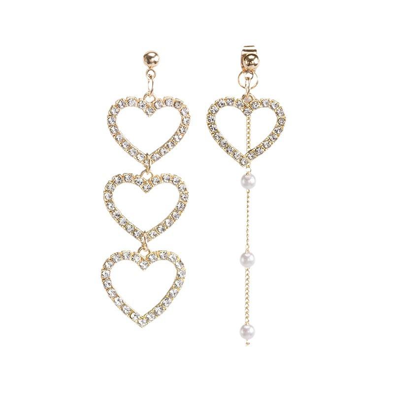 925 Silver Korean Asymmetrical Heart Diamond Pearl Tassel Earrings