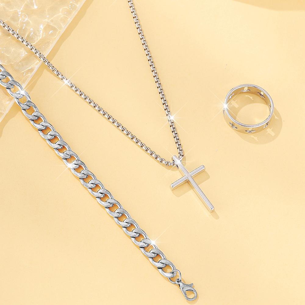 

Набор из 3 предметов Мужской Металлический Кулон в виде Креста из Нержавеющей Стали Цепочка Ожерелье Браслет Кольцо Набор с Цирконом Мужской Хип-Хоп Аксессуары для Повседневной Носки