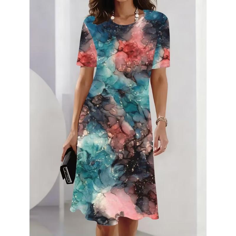 Summer Women Dress Casual Loose Short Sleeve O-Neck Print Mini Dress