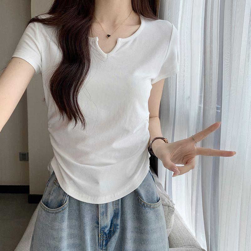 Design-sensory V-neck Short-sleeved T-shirt for Women's In Summer New Slim-fit Shoulder Short Waist-hugging Sweet Top