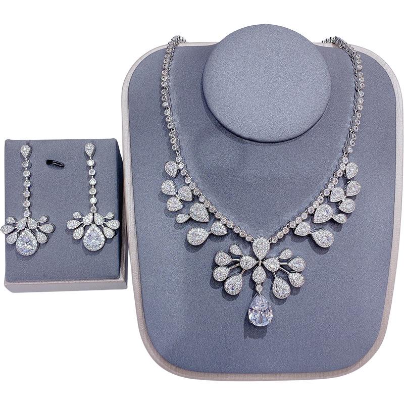 Luxury Red Zircon Necklace Earring Set for Women Elegant Water Drop Design Crystal Jewelry Party Wedding Evening Accessories