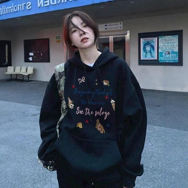 Pure Cotton Hooded Fleece Thickened Pure Cotton Sweater Women's Thin Loose E Retro Jacket