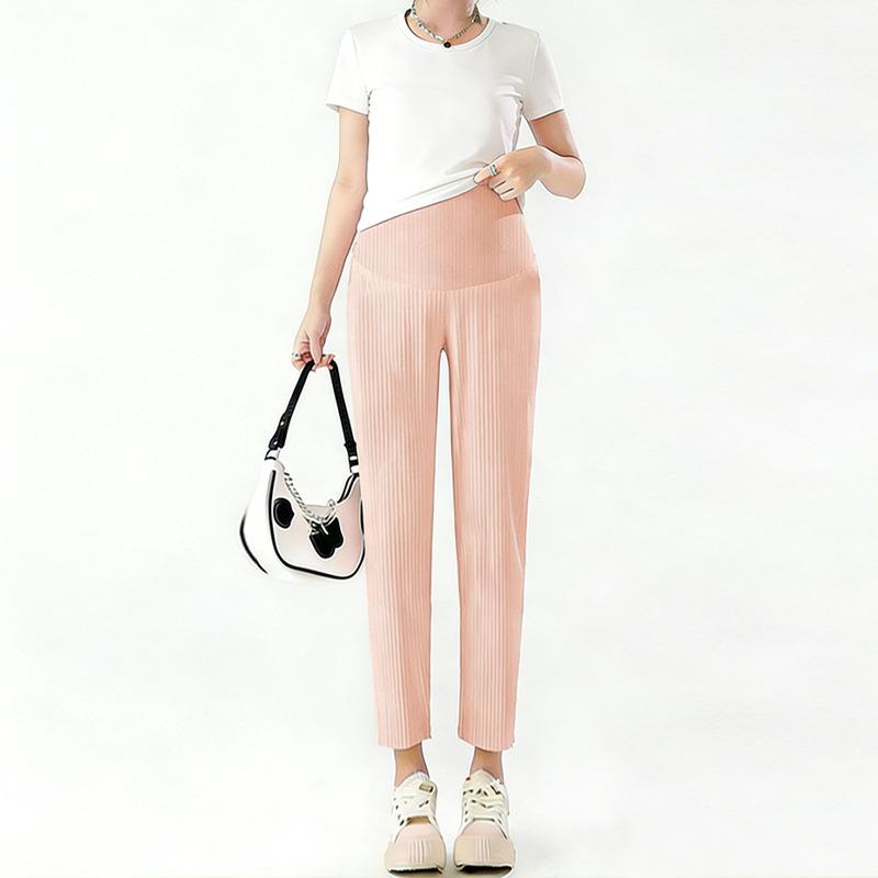High Waist Plus Size Ice Silk Maternity Cropped Pants - Summer Tummy Support 2XL for 75-90 kg