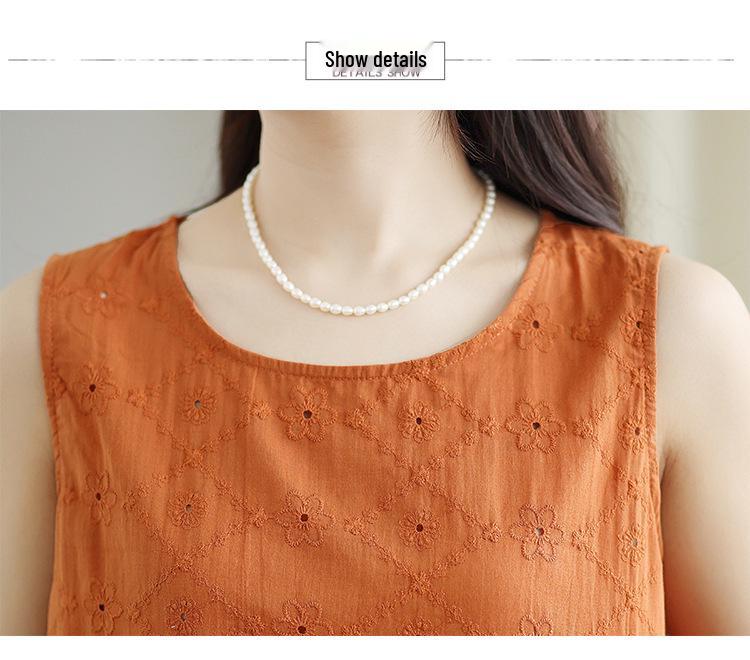 Summer Pure Cotton Embroidered Sleeveless Vest for Women
