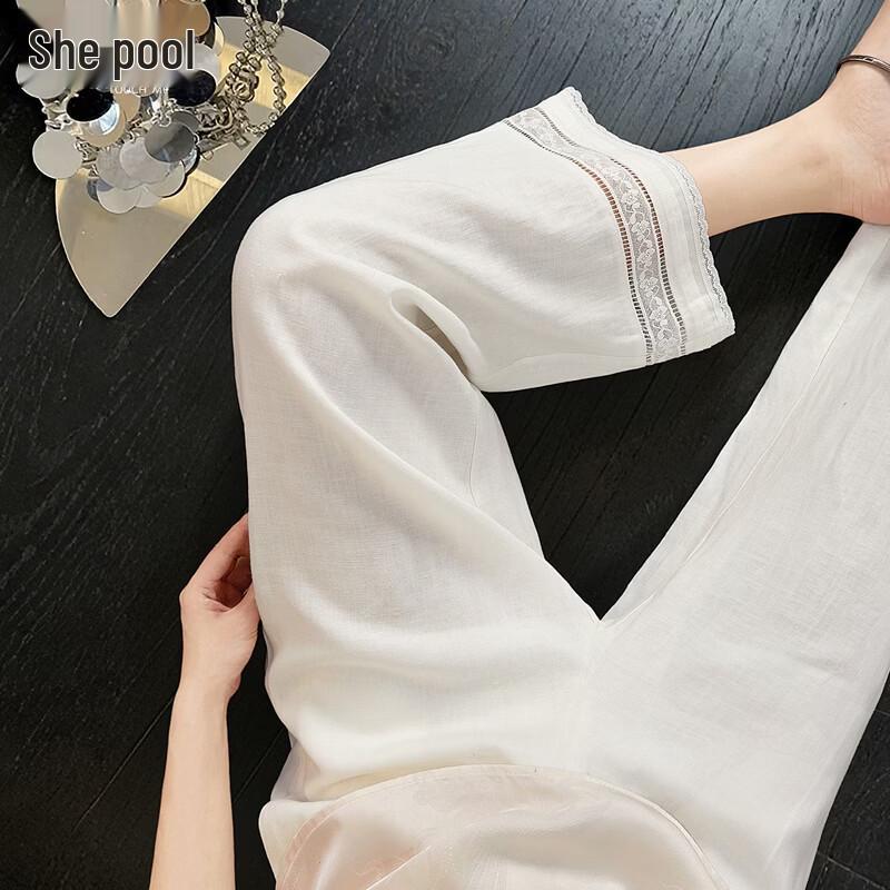 Women s Lyocell Linen Lace-Trim High-Waist Wide-Leg Crop Pants M