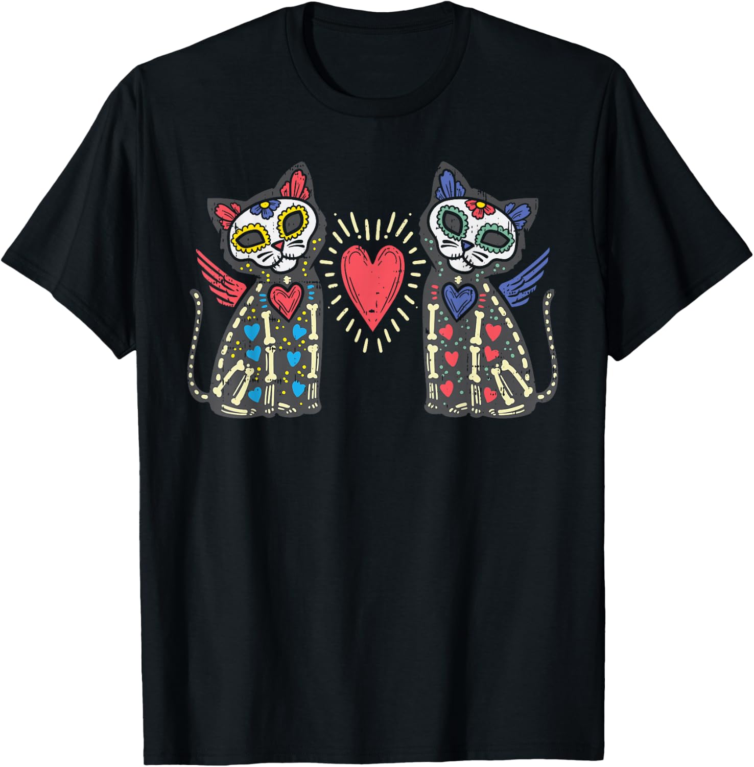Sugar Skull Cats Calavera Dia De Muertos Mexican Halloween T-Shirt XL