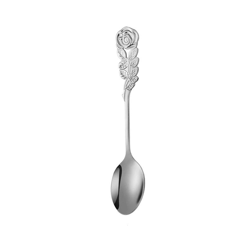 Stainless Steel Rose Spoon Flower Handle Coffee Tea Spoon Colorful Dessert Ice Cream Stirring Spoon Kitchen Tableware