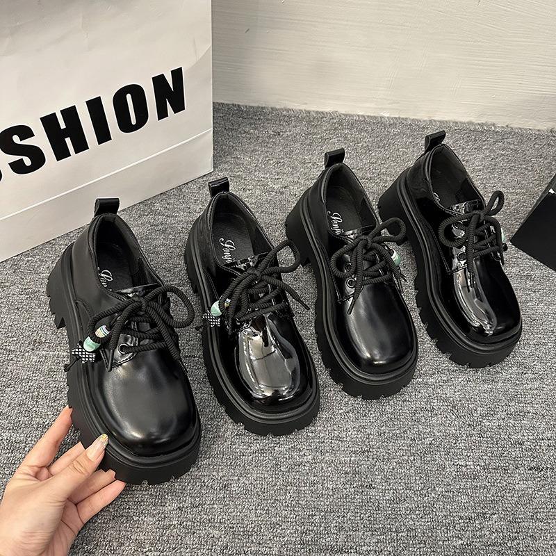 Thick-soled Women's Autumn New Black Small Leather Shoes Women's Height Increase Versatile Beaded Shoes