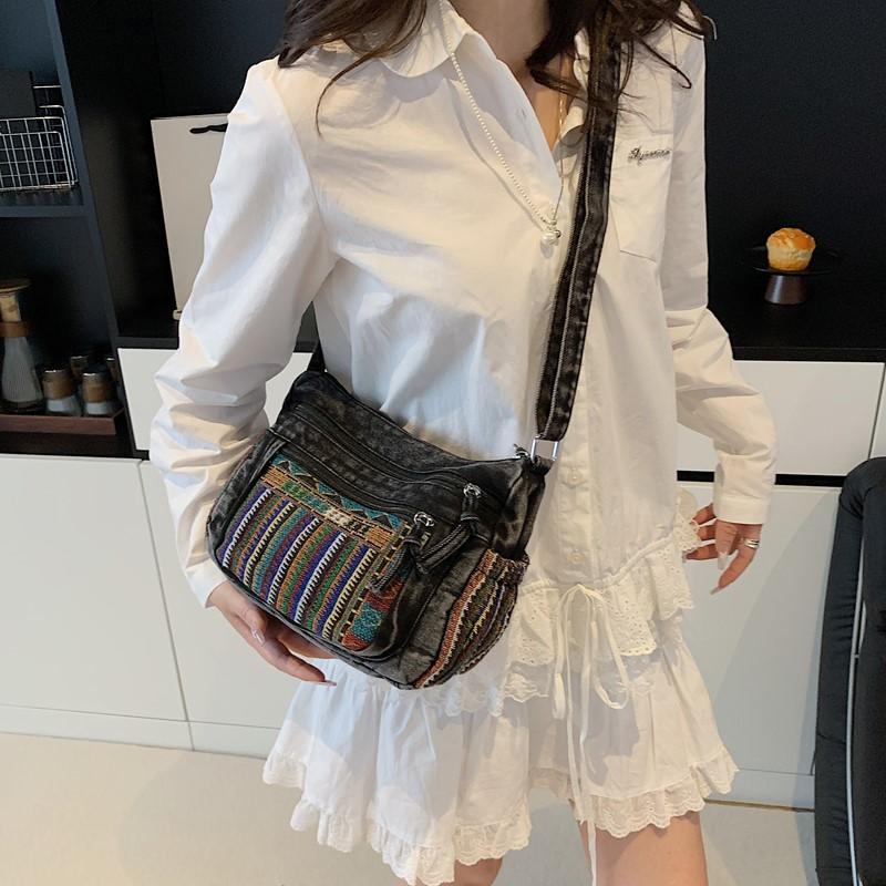 Vintage Denim Embroidered Tote Bag Women's Large Capacity Shoulder Handbag