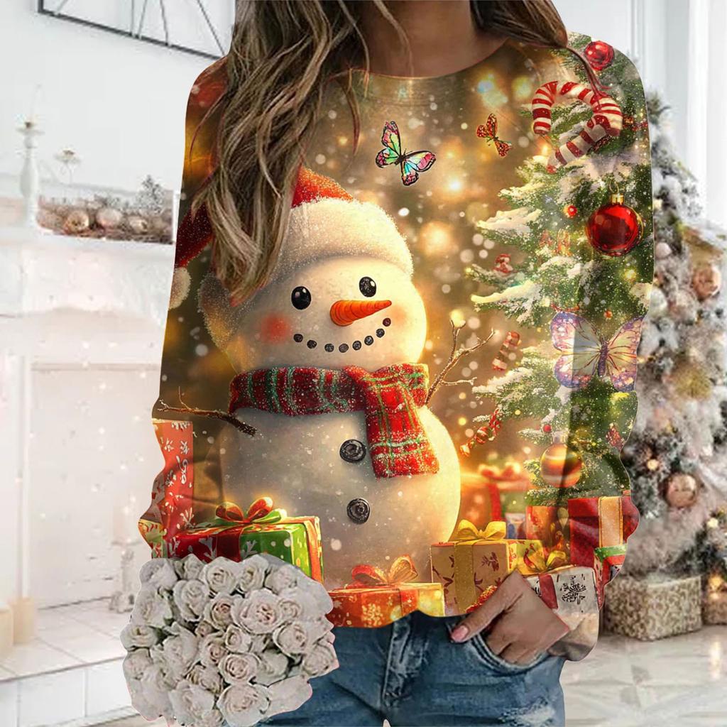 Womens Christmas Sweatshirt Cute Holiday Print Long Sleeve Round Neck Pockets Oversize Top Loose Sweatshirts Outerwear