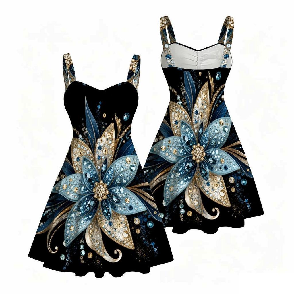 Women Plus Size Strappy Off Shoulder Dress Square Neck Sleeveless Geometric Star Print Flared Hem