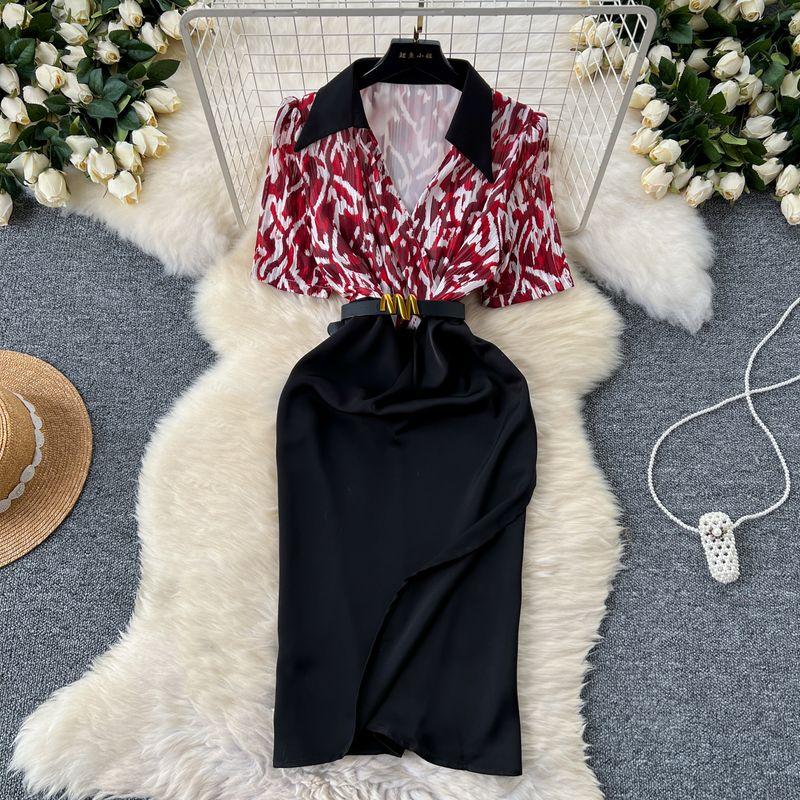 

Women s Commuting Wear Dress Adult Lady like Woman Elegant V Neck Short Sleeve Print Patchwork Pleated Waist Tight Slit Slim-Fitting Bodycon Dress Red M