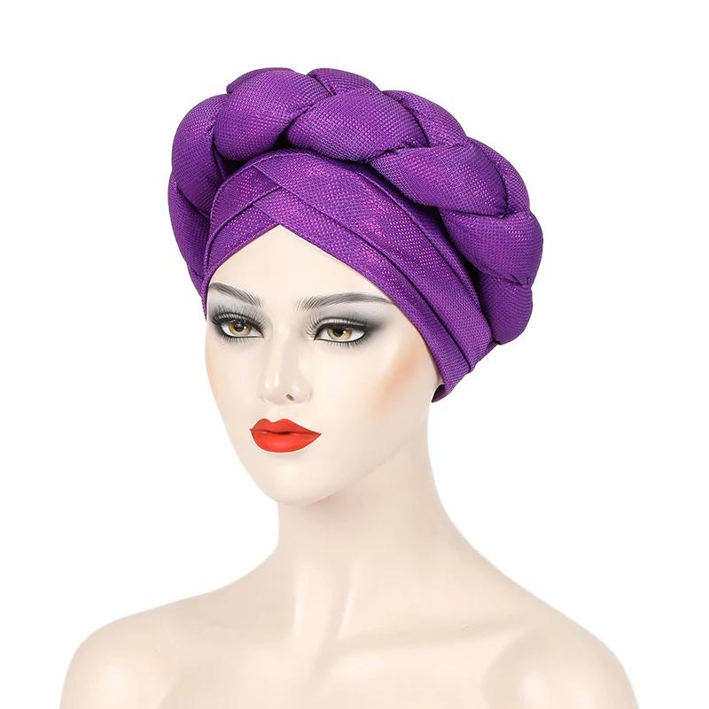 Big Braid African Female Head Wraps Bonnet Nigeria Already Made Headtie Turbante Glitter Gold Thread Fabric Turban Cap For Women