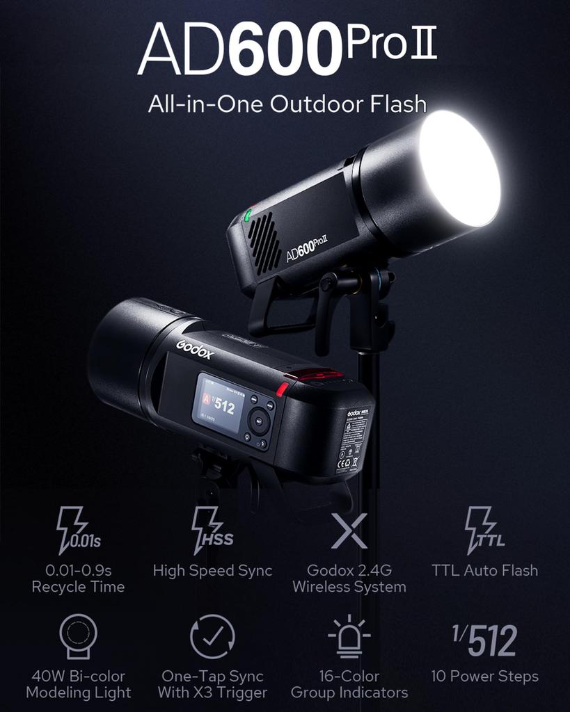 Godox AD600PRO II 600W Flash Professional Bowens High Speed Sync with X3 Trigger 40W Dual Color Modeling Light - Mount, Sync, One-Tap -