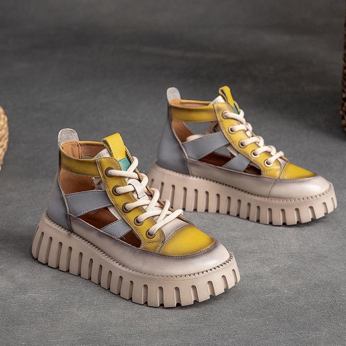 Модные толстые сандалии новые летние винтажные повседневные туфли для маффинов на шнуровке соответствующие цветам римские туфли 38 жёлтый 3200₽