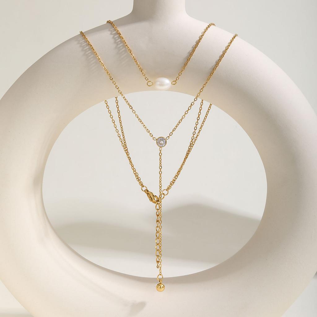 Titanium Steel Jewelry, Stainless Steel Double Chain Zircon Y-Shaped Necklace Wind Ladies Necklace Nc-1975