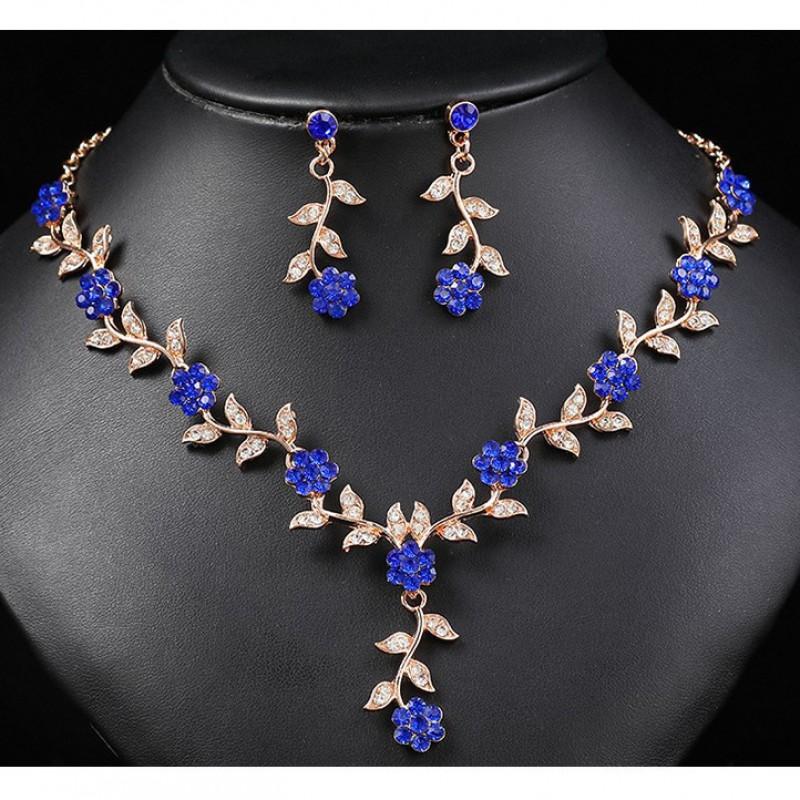 Floral Necklace Earrings Set Women - Gold Plated Alloy Jewelry With Rhinestone Accents Sweet Fashion Wedding Accessory