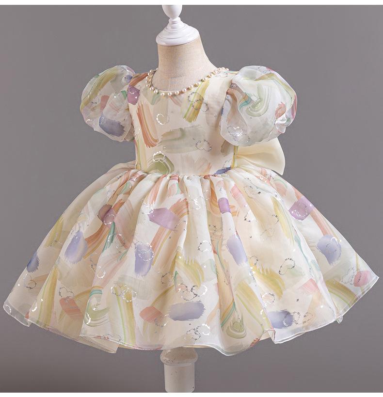 Mädchenkleid Sommer Neu Koreanisch Prinzessin Mesh Perle Rundhals Große Schleife Puffärmel Flauschiges Kleid Kinderkleidung Mädchen