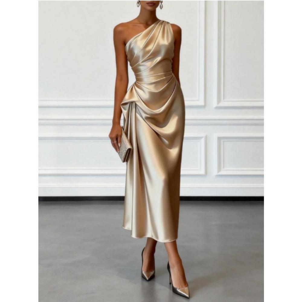 Women s One Shoulder Sleeveless Maxi Dress Slim Fit High Waist Satin Ruched Formal Evening Gown S шампанского