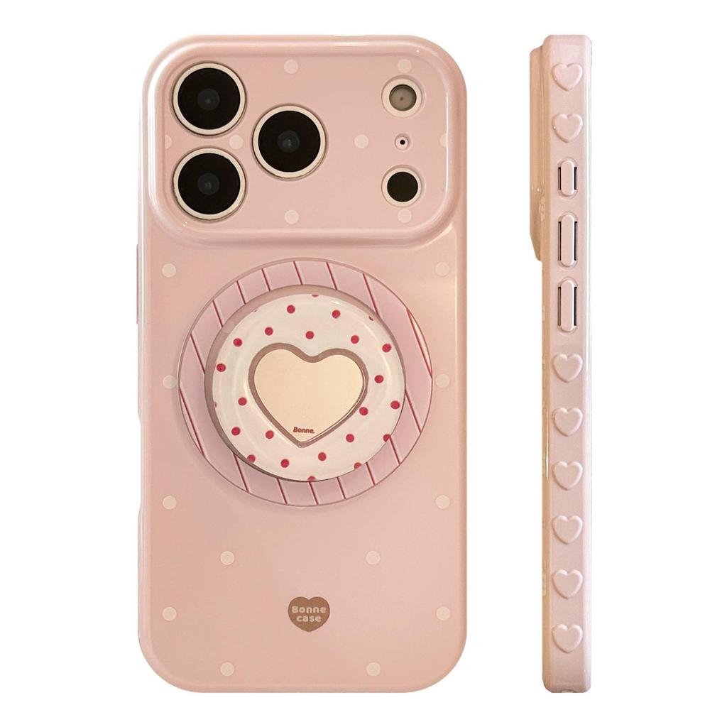 Cream Polka Dot iPhone 13/15/16/17 ProMax Case with Heart Mirror & Magnetic Stand - Korean Design