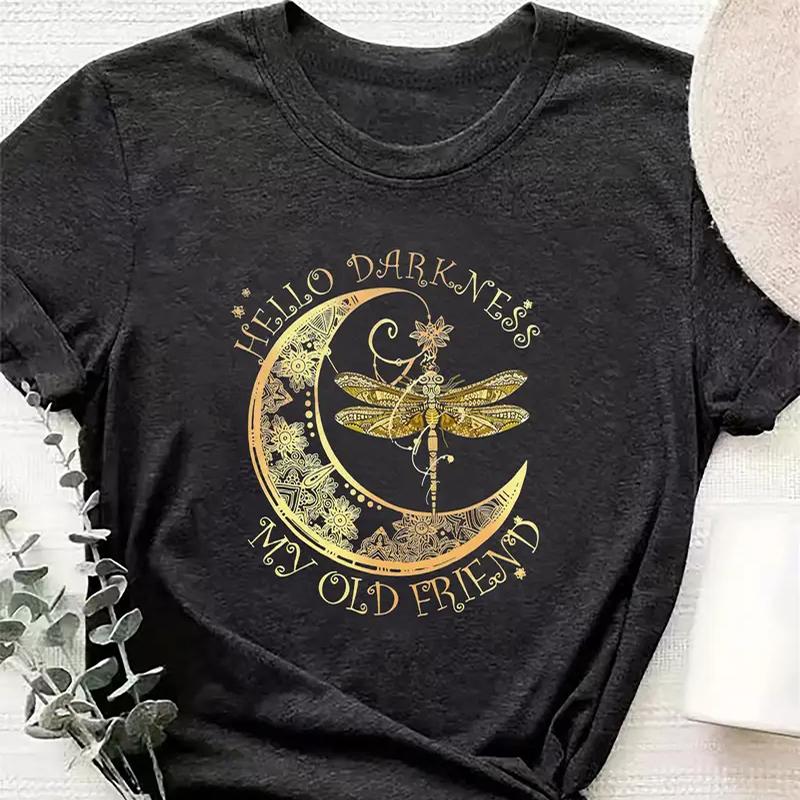 

Women Summer T Shirt Retro Fashion Short Sleeve Tees Casual Dragonfly Printed Tops XS чорний