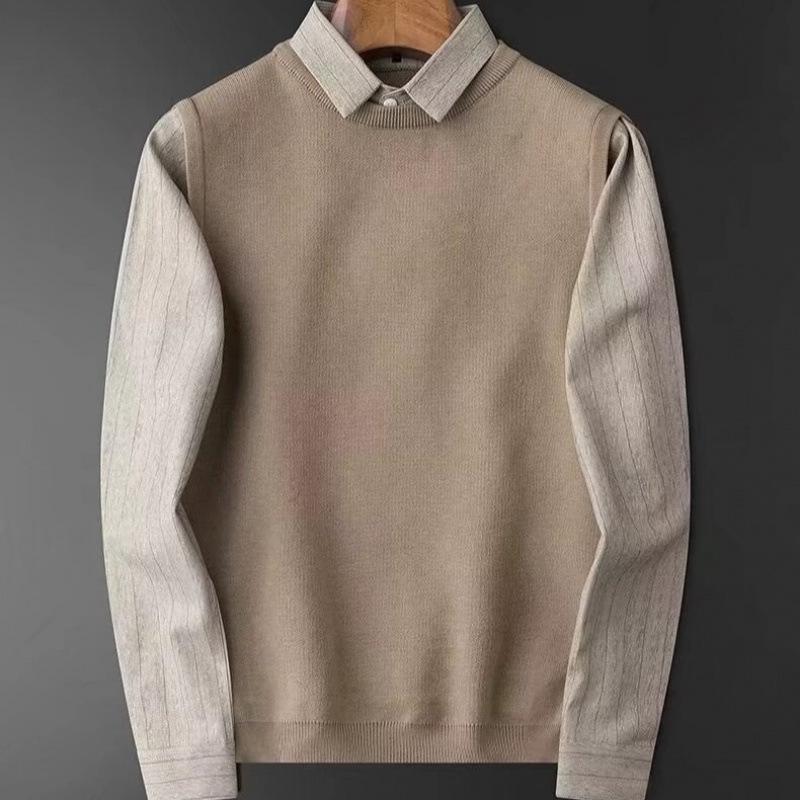 British Style Men's Knitwear: Casual Loose Patchwork Sweater with Shirt Collar, Autumn-Winter Bestseller