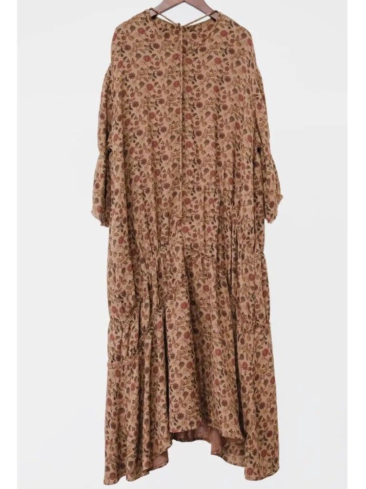 

Осінні м’які жіночі сукні Johnature у вінтажній сукні нестандартної форми з принтом і квітковим V-подібним вирізом із сімома рукавами One Size кавовий