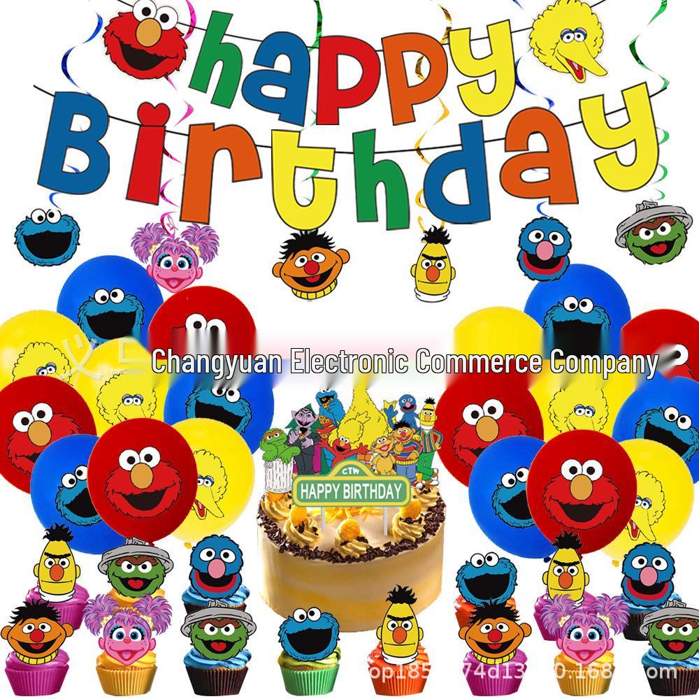 Sesame Street Birthday Party Tableware Set: Disposable Plates, Cups, and Cute Balloons for Kids' Celebrations.