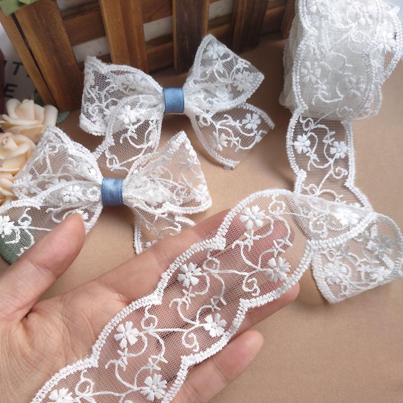 Beige 4cm Embroidered Lace Trim Bow for Hair Accessories, Lolita Ornaments, Bouquet Decoration, Ribbon Craft.
