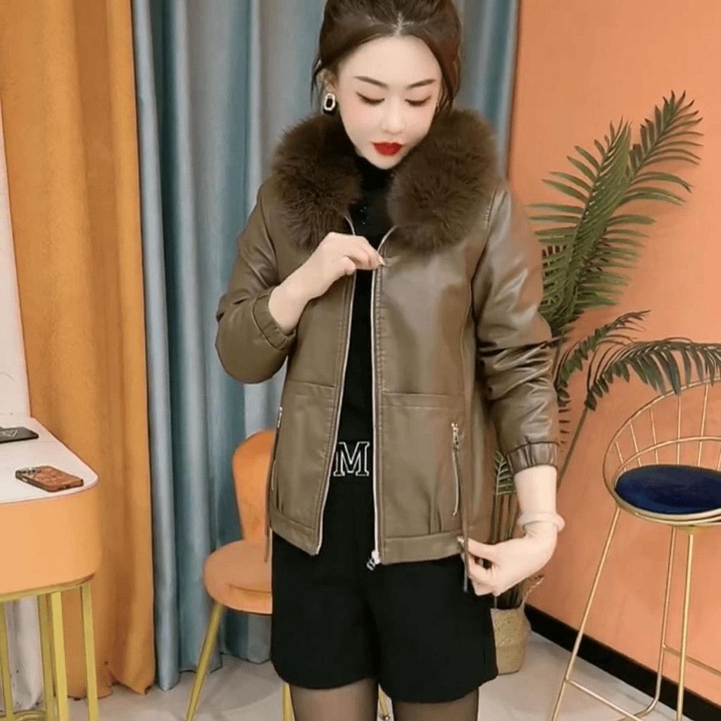 Women Artificial Leather Plus Velvet Padded Coat Winter Female Detachable Fur Collar Western Fashion Warm Jacket Artificial Leather Overwear