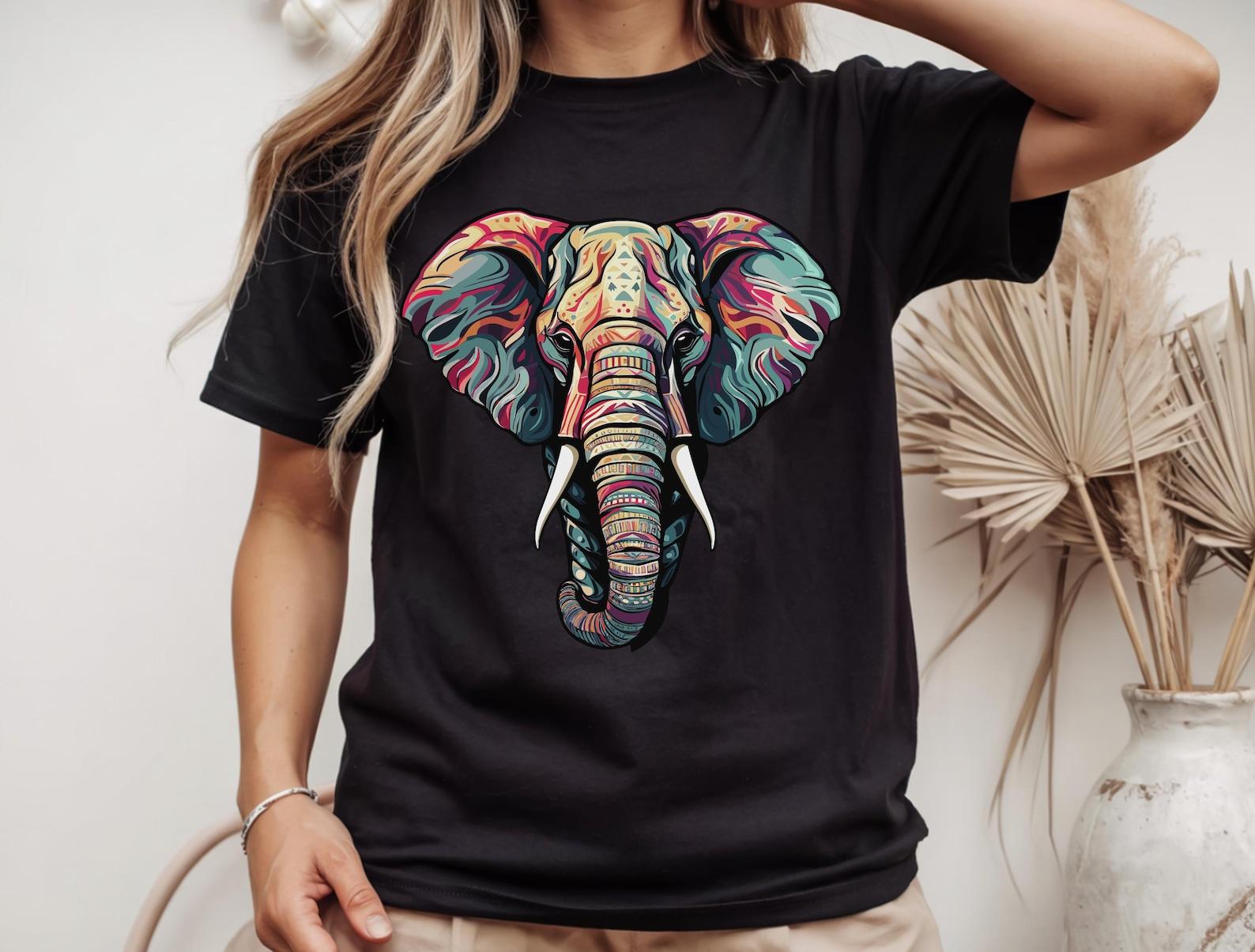 Colorful Elephant Head T-Shirt | Vibrant Tribal Elephant Art, Wildlife Tee S