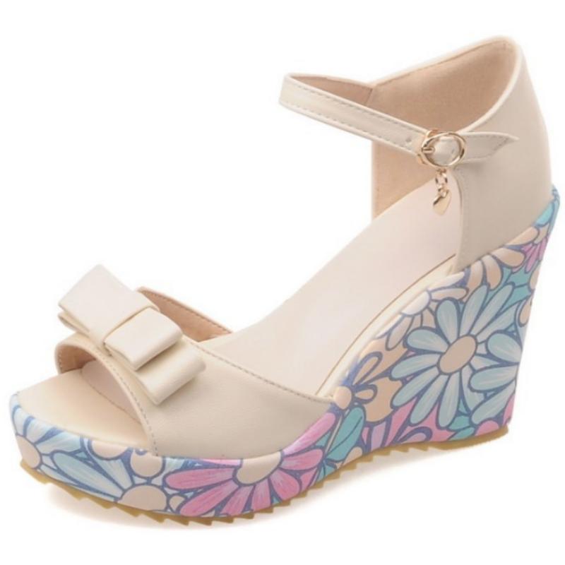 Plus size 34-43 Bowknot Women Summer Open Toe Wedges Sandals Print Platform Women Sandals Pink Blue High Heels Sandalias WSH3923