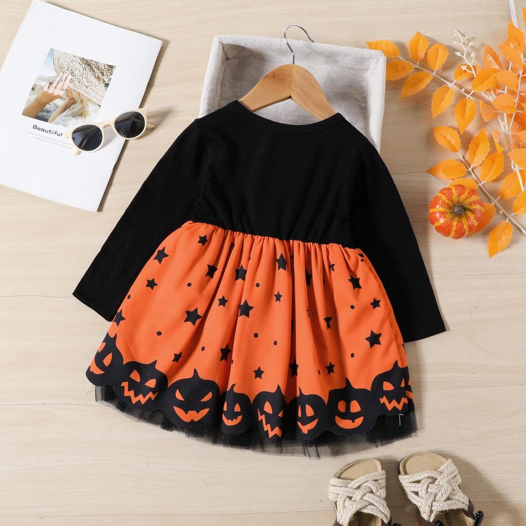 2024 Autumn Little Girl Long Sleeve Pumpkin Ghost Face Print Halloween Dress