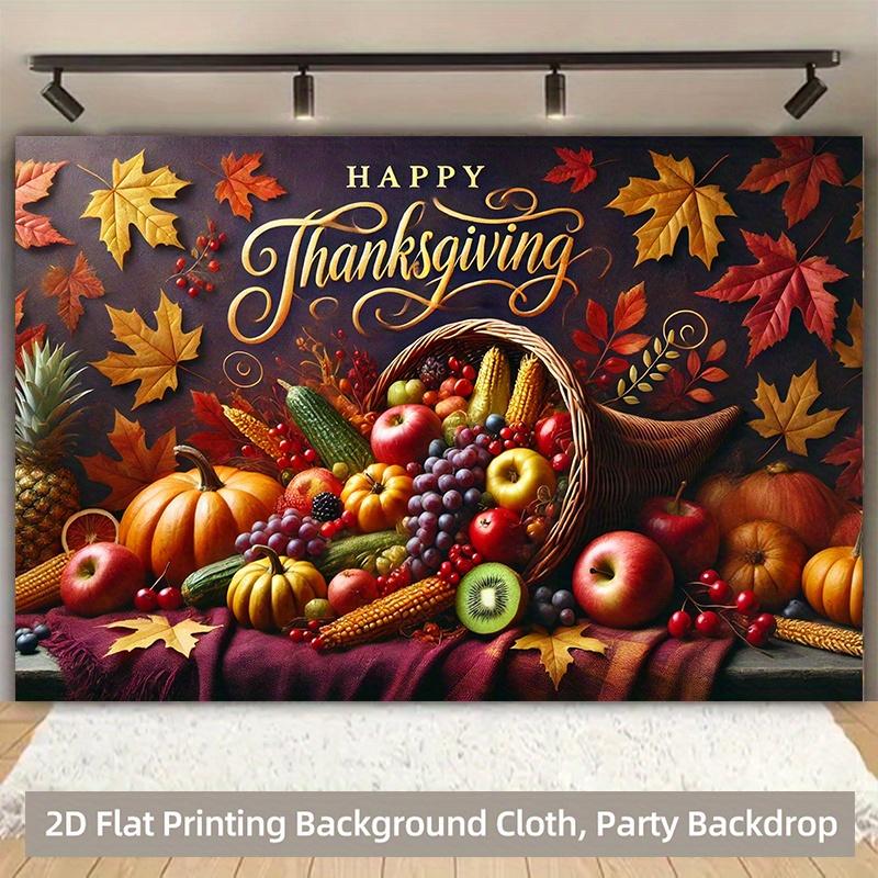 The autumn harvest Thanksgiving basket filled with various fruits and vegetables has a vibrant polyester background fabric.PMJ