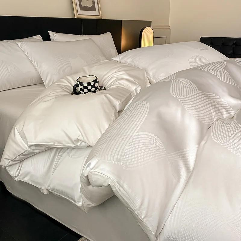 Light Luxury Satin Jacquard Solid Fitted Sheet Sets Pure Cotton Skin-Friendly Soft Quilt Cover 1.5/1.8M Bed Bedding for Adults