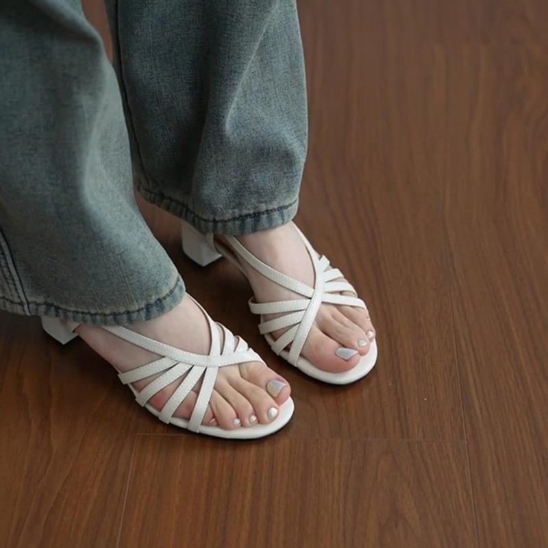 Sheepskin Version~ Summer Temperament Outer Wear Medium Heel Strap Sandals Women's Head Open Toes with Skirt Casual High Heels