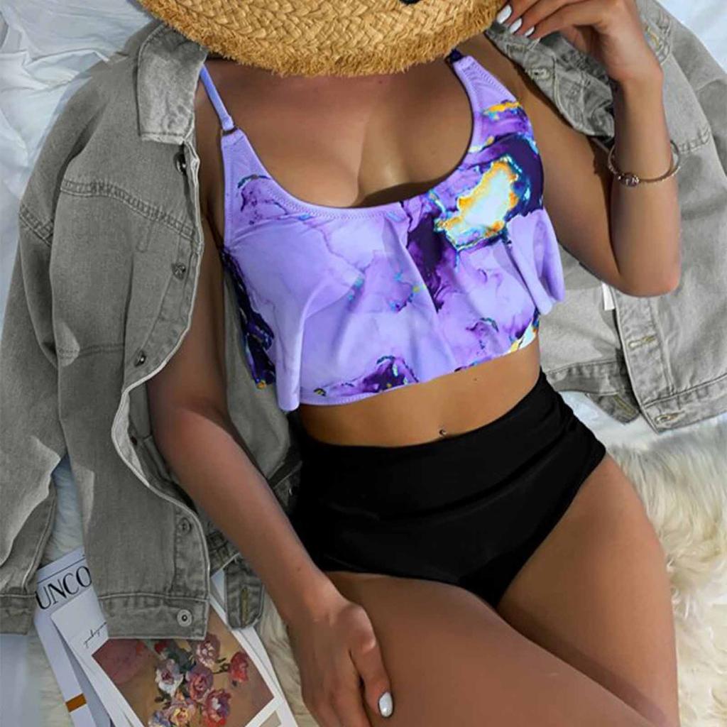 Women's Split Ruffle Print High Waist Bikini With Bra Pad And No Steel Bra Swimming Costume