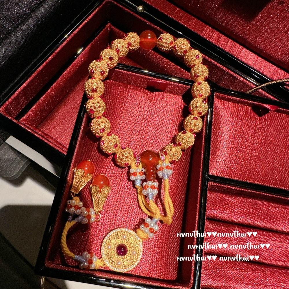 Ancient Gold, Silk Chisel Carved Pine Flower Eighteen Seeds Safety Buckle Bracelet, New Chinese Style, Vajra Pestle Flower Window Necklace