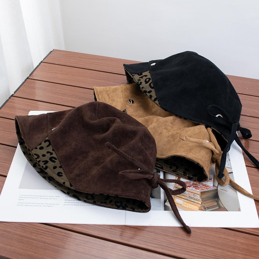 Retro leopard print suede splicing bucket hat women's autumn versatile face small hat fashion casual basin hat